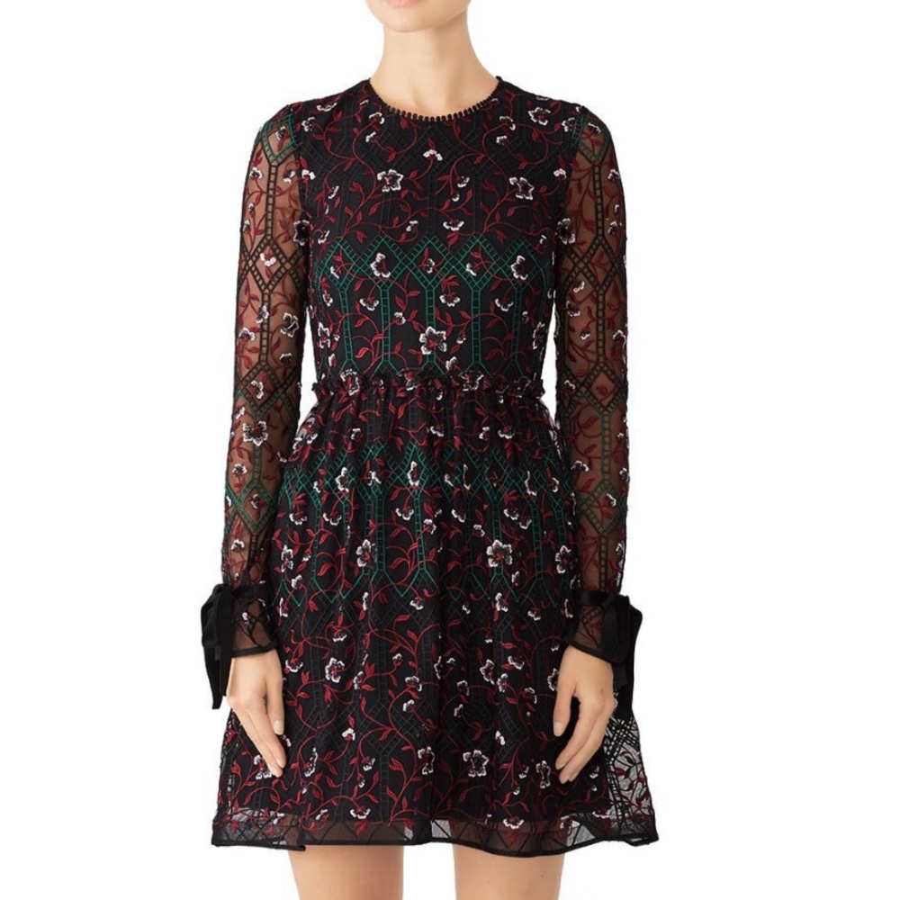 MONIQUE LHUlLLER | Vine Embroidered Velvet Bow Trim Dress